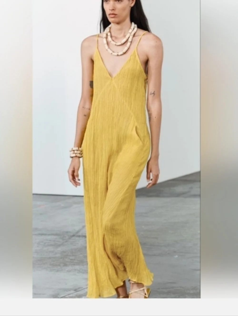 Zara Zw Collectiob 100% Linen Long Yellow Wrinkle Fabric Summer  Dress Sz-L